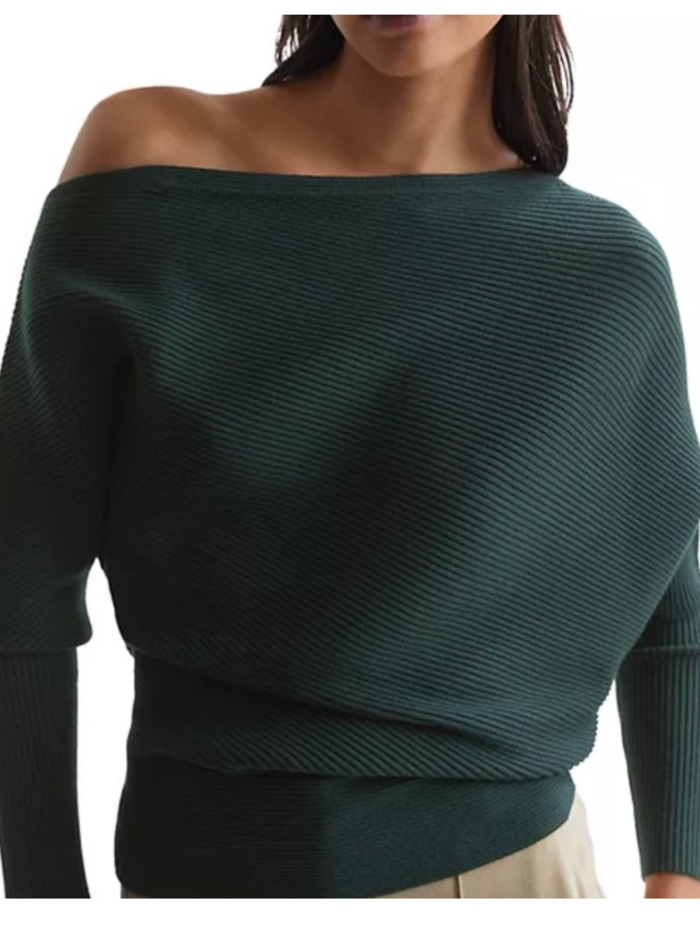 Reiss Off-Shoulder Ribbed Sweater in Forest Green size small